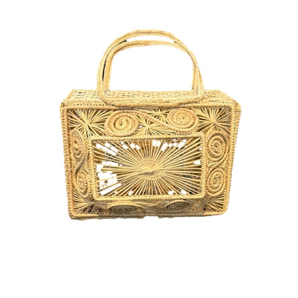 Iraca Palm Woven Basket Top Handle Handmade Boho Summer Handbag Purse